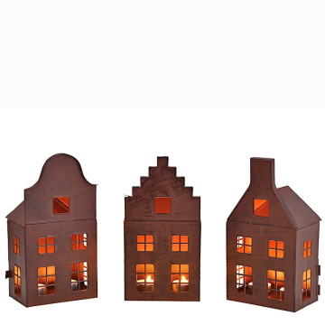 Windlicht Huisjes Metaal Bruin - Set van 3