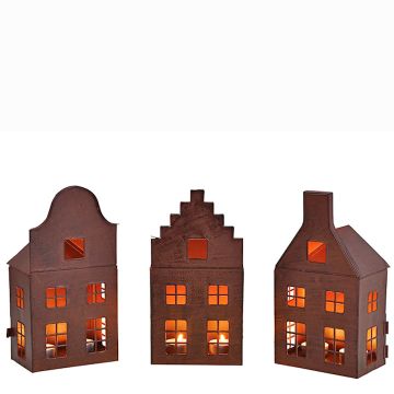 Windlicht Huisjes Metaal Bruin - Set van 3