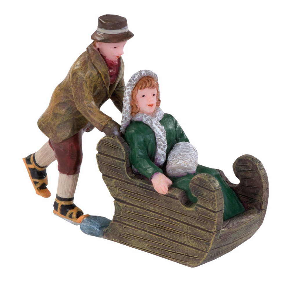 Man duwt vrouw in houten slee - - Polyresin - 8712953921838