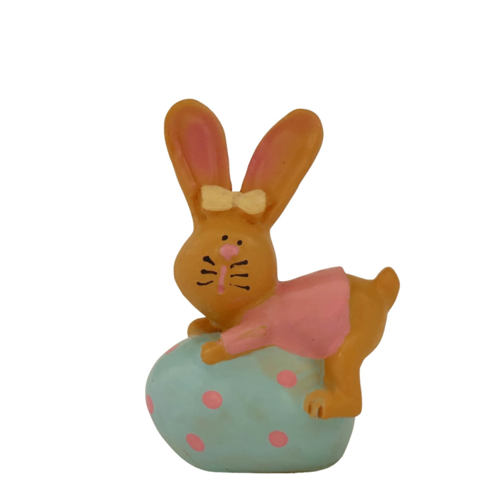 Miniatuur Paashaas op Blauw Ei met Roze Stippen