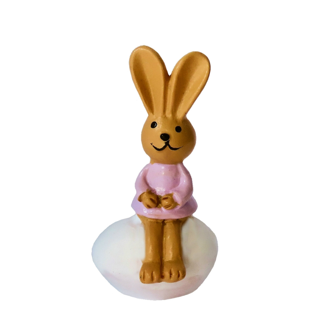 Miniatuur Paashaas Zittend op Ei - 6cm - - Polyresin -