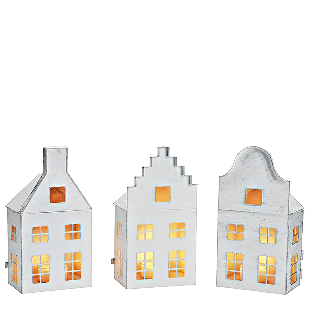 Windlicht Huisjes Metaal Wit - Set van 3 - - Metaal - 4007698433901