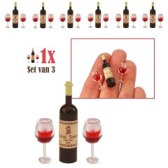 Miniatuur Wijnfles met Twee Glazen Wijn - Set van 3